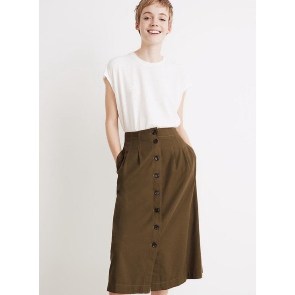 EUC Madewell olive Button Up Mid Length Skirt‎ Sz 00